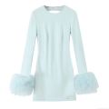 Women's Elegant Backless Mini Dress Light Blue Polyester Long Sleeve Mesh Ruffle Cuffs Party Cocktail Slim Fit Dress