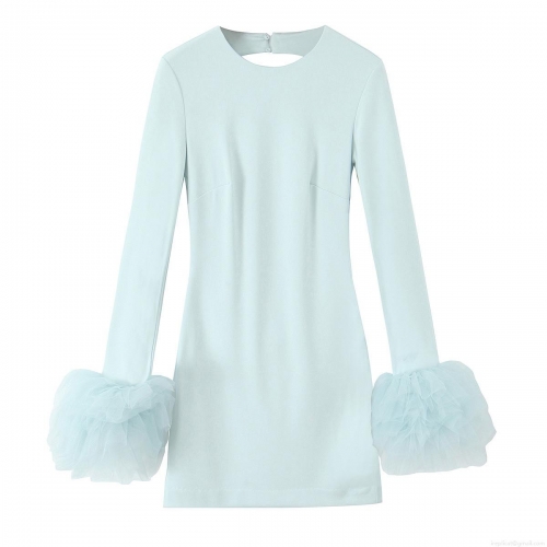 Women's Elegant Backless Mini Dress Light Blue Polyester Long Sleeve Mesh Ruffle Cuffs Party Cocktail Slim Fit Dress