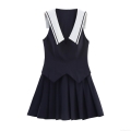 Women's Preppy Style Sleeveless Mini Dress Sailor Collar Pleated Hem Navy Blue Academy Style JK Uniform Short Dress For Summer Fashion Daily Wear