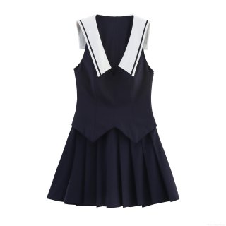 Women's Preppy Style Sleeveless Mini Dress Sailor Collar Pleated Hem Navy Blue Academy Style JK Uniform Short Dress For Summer Fashion Daily Wear