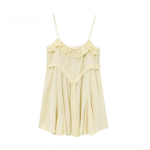 Summer Women's Pale Yellow Chiffon Mini Dress With Ruffles Tie Front Bow Thin Straps Padded Sleeveless Cami Dress For Party Loungewear Elegant Lady