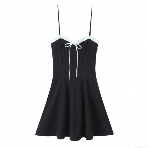 Women Elegant Black Contrast Ruffle Trim Cami Mini Dress With Bow Knot Detail Sexy Slim Fit Sleeveless V-Neck Bodycon Party Clubwear Dresses