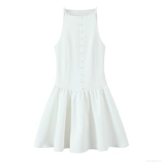 Women's Elegant Halter Neck Sleeveless Mini Dress White Button Decoration Pleated A-Line Party Dress Sexy Summer Backless Short Sun Dress For Ladies