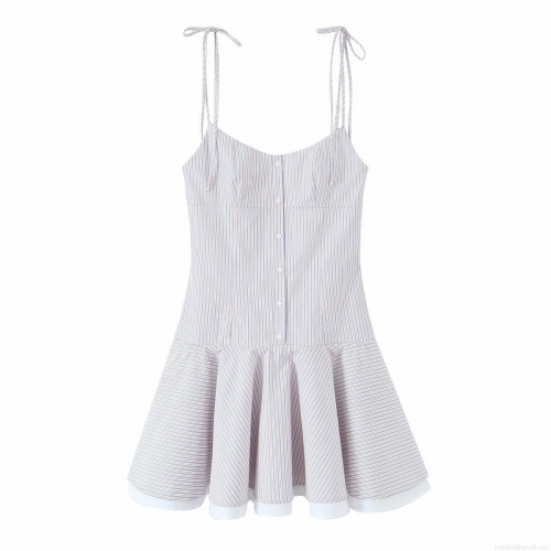 Women's Elegant Blue Orange Striped Camisole Mini Dress With Adjustable Tie Straps Front Buttons Slim Fit Summer Vacation Beach A-Line Dress