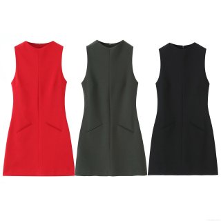 Women's Sleeveless Round Neck Mini A-Line Dress With Pocket Solid Color Polyester Woven Slim Fit Short Dress For Summer Party Casual Wear