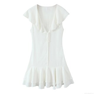 Women's White V-Neck Sleeveless Ruffle Mini Dress Elegant Layered Cake Skirt With Bow Tie Front Summer Sexy Party Dating Short Dress For Ladies