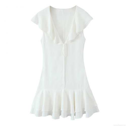 Women's White V-Neck Sleeveless Ruffle Mini Dress Elegant Layered Cake Skirt With Bow Tie Front Summer Sexy Party Dating Short Dress For Ladies
