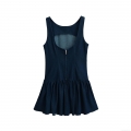 Women's Dark Blue Denim Effect Sleeveless Mini Dress Elegant Back Hollow Out Ruffle Tiered Hem Retro U-Neck A-Line Casual Dress