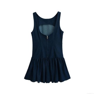 Women's Dark Blue Denim Effect Sleeveless Mini Dress Elegant Back Hollow Out Ruffle Tiered Hem Retro U-Neck A-Line Casual Dress