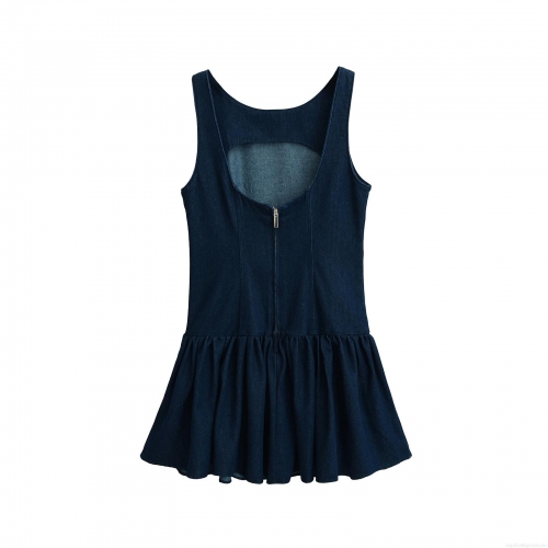Women's Dark Blue Denim Effect Sleeveless Mini Dress Elegant Back Hollow Out Ruffle Tiered Hem Retro U-Neck A-Line Casual Dress