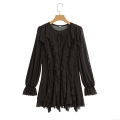 Elegant Black Layered Ruffle Mini Dress Mesh Polyester Chiffon Long Sleeve Round Neck Elastic Waist Back Hollow Out Party Clubwear For Women