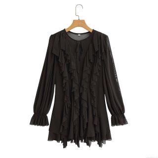 Elegant Black Layered Ruffle Mini Dress Mesh Polyester Chiffon Long Sleeve Round Neck Elastic Waist Back Hollow Out Party Clubwear For Women