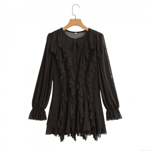 Elegant Black Layered Ruffle Mini Dress Mesh Polyester Chiffon Long Sleeve Round Neck Elastic Waist Back Hollow Out Party Clubwear For Women
