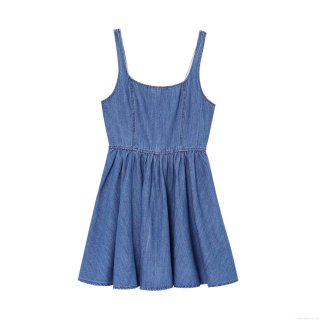 Women's Square Neck Denim Mini Dress Slim Fit Pleated Flare Hem Sleeveless Cami Dress Elegant Celebrity Style Party Night Out Short Sundress