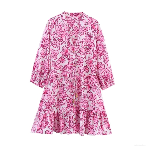 Women's Floral Print Mini Dress V-Neck Long Sleeve Ruffle Hem Drawstring Waist With Wood Buttons Polyester Bohemian Elegant Short Summer Beach Dress