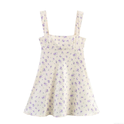 Women Floral Print Cami Mini Dress Bow Back Satin Feel Sexy Sleeveless Square Neck Short Dress For Summer Vacation Party Elegant Lady Dress