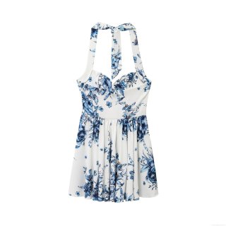 Women's Sexy Floral Print Halter Mini Dress Sweetheart Neck Sleeveless Backless High Stretch Summer Beach Party Club Bodycon Dress For Ladies