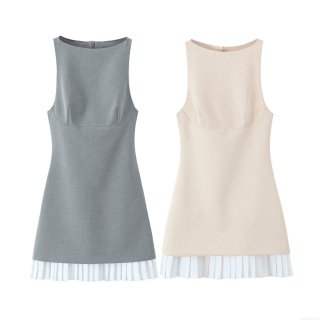 Women's Sleeveless A-Line Mini Dress With Pleated Hem Color Block Crew Neck Elegant Structured Woven Fabric Back Zipper Summer Fashion Short Dress