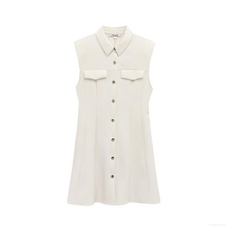 Women's Elegant French Style Sleeveless Shirt Dress Solid Color Button Down Mini Dress with Pockets for Office Lady Spring Summer
