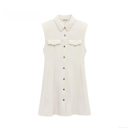 Women's Elegant French Style Sleeveless Shirt Dress Solid Color Button Down Mini Dress with Pockets for Office Lady Spring Summer