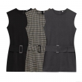 Women's Sleeveless Round Neck Dress With Metal Buckle Belt Elegant Polyester Blend Mini Dress Solid Plaid Striped Pattern For Office Casual Party