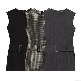 Women's Sleeveless Round Neck Dress With Metal Buckle Belt Elegant Polyester Blend Mini Dress Solid Plaid Striped Pattern For Office Casual Party