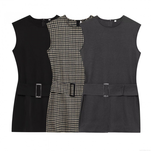 Women's Sleeveless Round Neck Dress With Metal Buckle Belt Elegant Polyester Blend Mini Dress Solid Plaid Striped Pattern For Office Casual Party