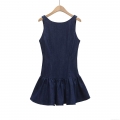 Women Backless Denim Dress Sleeveless Ruffle Hem Round Neck Mini Dress Sexy Cutout Party Evening Solid Color Dark Blue Summer Casual Dress