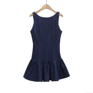 Women Backless Denim Dress Sleeveless Ruffle Hem Round Neck Mini Dress Sexy Cutout Party Evening Solid Color Dark Blue Summer Casual Dress