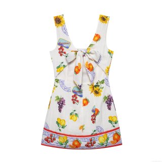 Women's Mediterranean Lemon Sunflower Sardine Print Backless Bow Mini Dress 100% Polyester Sleeveless V-Neck Summer Beach Vacation Holiday Sundress