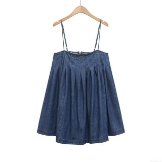 Women's Navy Blue Denim Look Camisole Dress Pleated Chest A-Line Mini Dress With Adjustable Straps Back Zipper Casual Summer Elegant Outfits