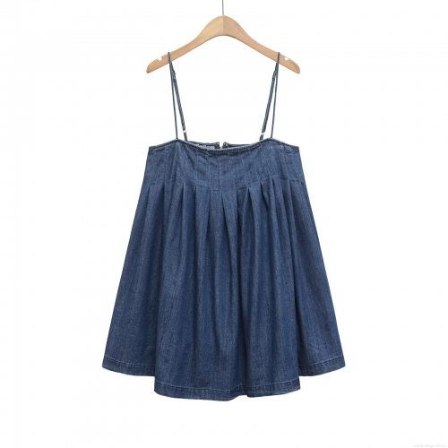 Women's Navy Blue Denim Look Camisole Dress Pleated Chest A-Line Mini Dress With Adjustable Straps Back Zipper Casual Summer Elegant Outfits