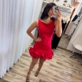 Sexy Sleeveless Backless Mini Dress Polyester Ruffle Hem Halter Neck Bodycon Party Dress For Women Solid Color