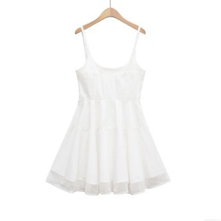 Women's Elegant U-Neck White Camisole Dress Sleeveless Waist Cinching A-Line Mini Dress With Mesh Splicing Hem Slim Fit Summer Party Club Wear For Lady