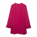 Elegant Women Fuchsia V Neck Ruffle Mini Dress Long Sleeve Pleated Chiffon Dress With Tassel Boho Style Short Party Dress For Ladies