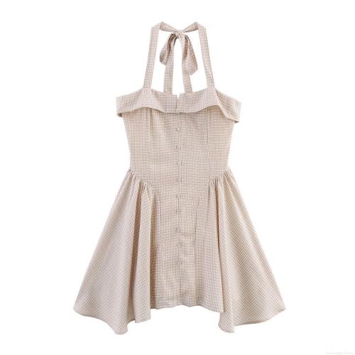 Women's Halter Neck Plaid Mini Dress Sexy Backless Tie-Up Button Front A-Line Gingham Dress For Summer Vacation Party Elegant Ladies Clothing