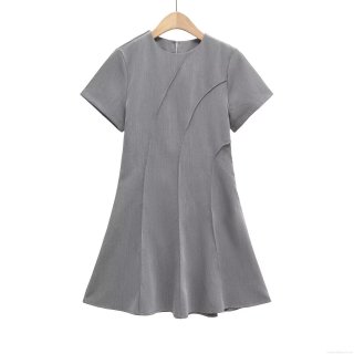 French Style Short Sleeve Mini Dress For Women Elegant Polyester A-Line Splicing Round Neck Casual Summer Party Dress Solid Color Short Dress Fashion