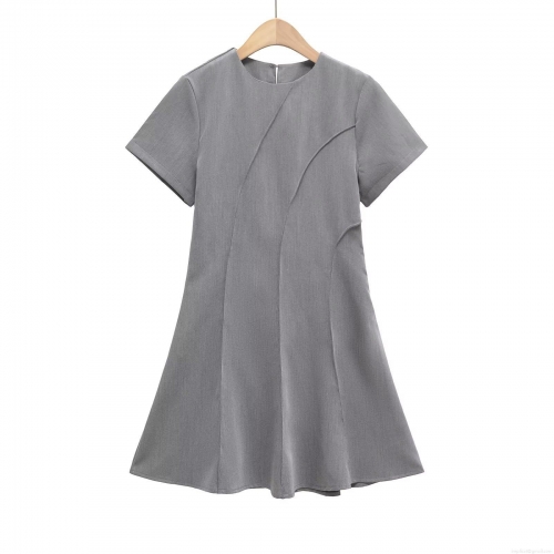 French Style Short Sleeve Mini Dress For Women Elegant Polyester A-Line Splicing Round Neck Casual Summer Party Dress Solid Color Short Dress Fashion