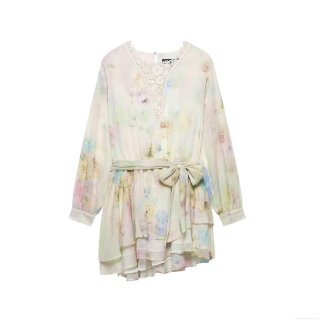 Women's Elegant Floral Printed Chiffon Dress Long Sleeve Lace Patchwork Tiered Hem Dress With Waist Tie Bow Bohemian Spring Mini Dress