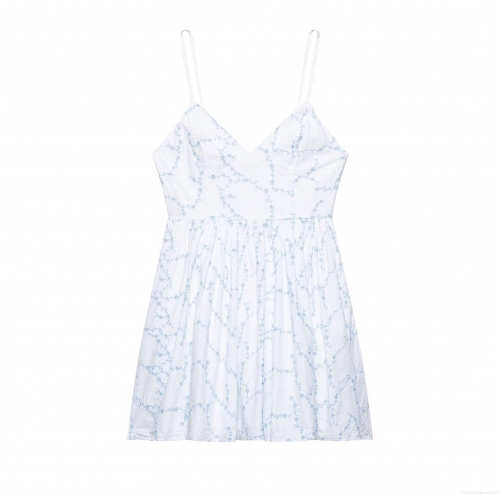 Elegant White Cotton Embroidery Slip Dress Women V-Neck Sleeveless Blue Floral Mini Dress For Summer Vacation Party