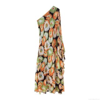 Women's Elegant One Shoulder Asymmetric Maxi Dress Summer Floral Print Ruffle Hem Sleeveless Bodycon Long Party Dress