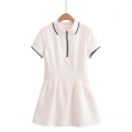 Women's Preppy Style White Polo Collar Mini Dress Contrast Stripe Short Sleeve Pleated Tennis Dress Slim Fit Button Up Polyester Sporty Skirt For Summer Daily