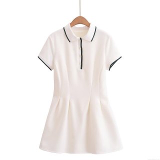 Women's Preppy Style White Polo Collar Mini Dress Contrast Stripe Short Sleeve Pleated Tennis Dress Slim Fit Button Up Polyester Sporty Skirt For Summer Daily