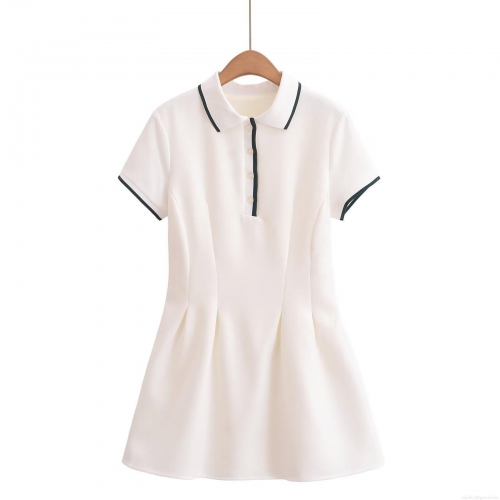 Women's Preppy Style White Polo Collar Mini Dress Contrast Stripe Short Sleeve Pleated Tennis Dress Slim Fit Button Up Polyester Sporty Skirt For Summer Daily