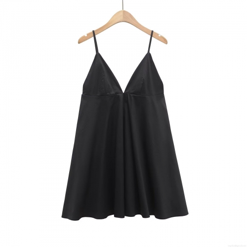 Women Sexy Deep V-Neck Spaghetti Strap Mini Dress Satin Polyester Sleeveless Backless Party Club Dress Elegant Solid Color Short Sun Dress