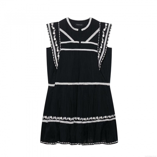 Women's Sleeveless Bohemian Dress Contrast Color Floral Embroidery Lace Trim Tiered Mini Dress Elegant Ethnic Style Summer Vacation Beach Party Dresses