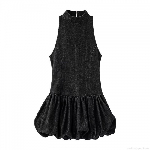 Women's Elegant Sleeveless Denim Dress High Neck Balloon Hem Bubble Skirt Slim Fit Black Mini Dress For Party Daily Casual Fashion Chic
