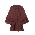 Women Elegant Burgundy Ruffle Sleeve Mini Dress Sexy V Neck Tie Waist Pleated Polyester Party Dress For Women Chic Celebrity Style Long Sleeve Short Dress