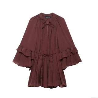 Women Elegant Burgundy Ruffle Sleeve Mini Dress Sexy V Neck Tie Waist Pleated Polyester Party Dress For Women Chic Celebrity Style Long Sleeve Short Dress