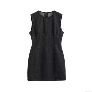 Women's Washed Black Denim Sleeveless Mini Dress Sexy Bodycon Slim Fit Round Neck Back Zipper Short Sun Dress Fashion Summer Party Clubwear